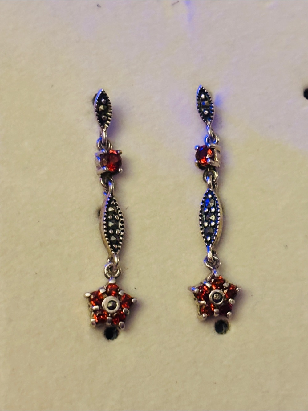 Vintage Art Deco 925 Sterling Silver ,Garnet and Marcasite Dangle Earrings- $30